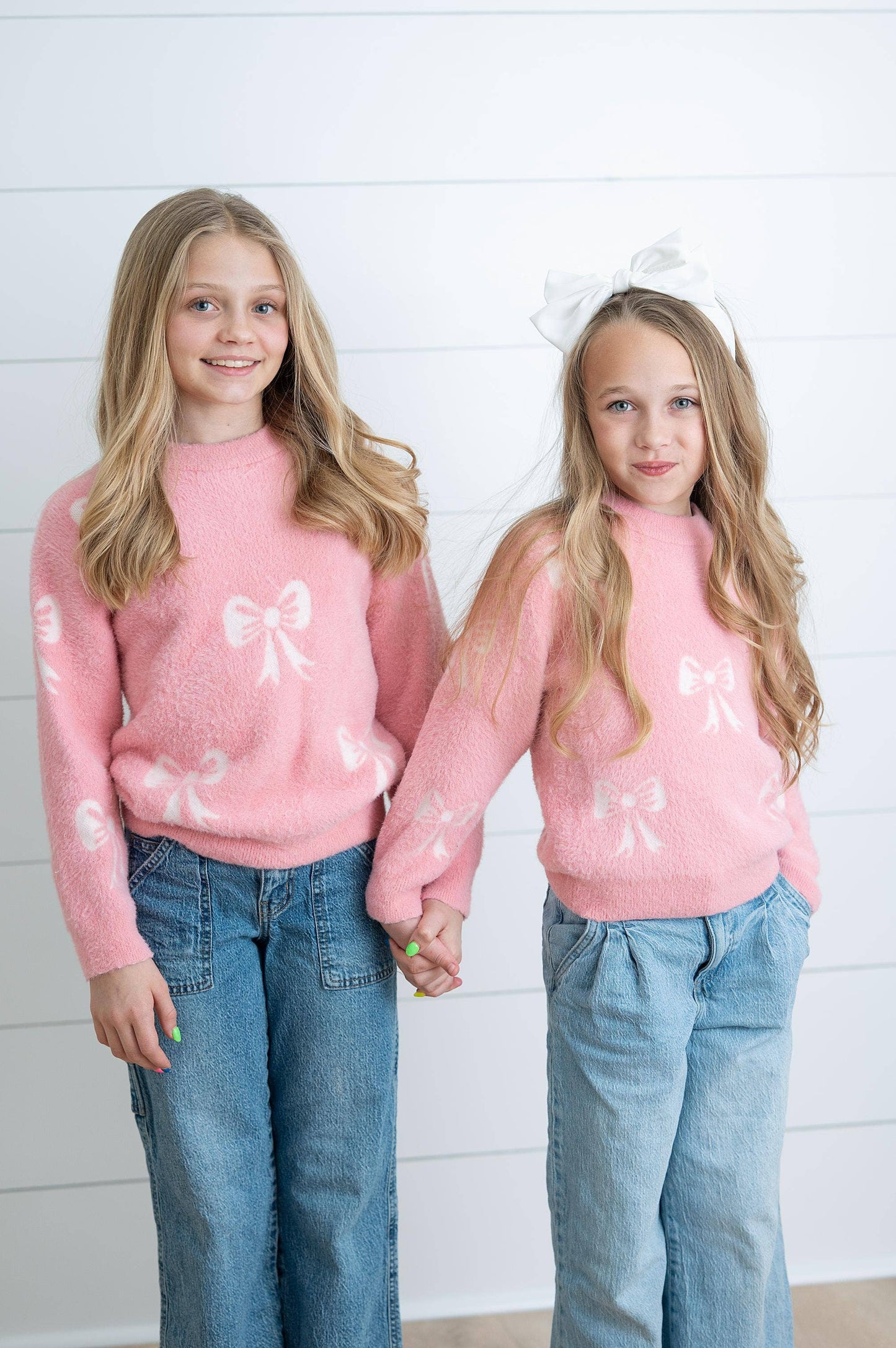 Adorable Sweetness - Girls Fall Winter Pink and White Bow Sweater