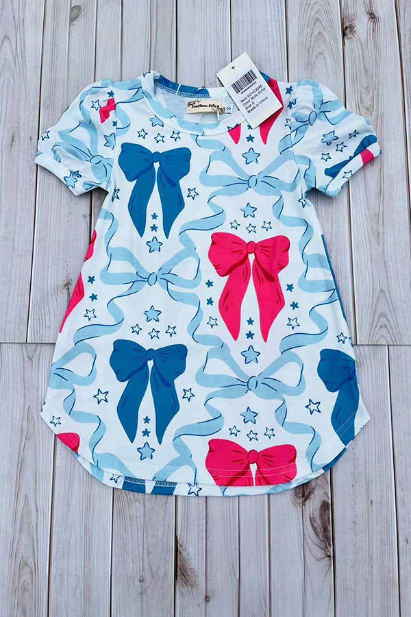 Blue & pink bows printed short sleeve girls dress