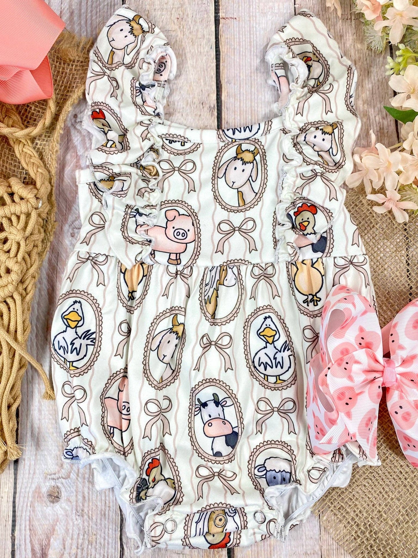 Farm Friends Cameo Bubble Romper | Baby Farm Animal Ruffle Romper