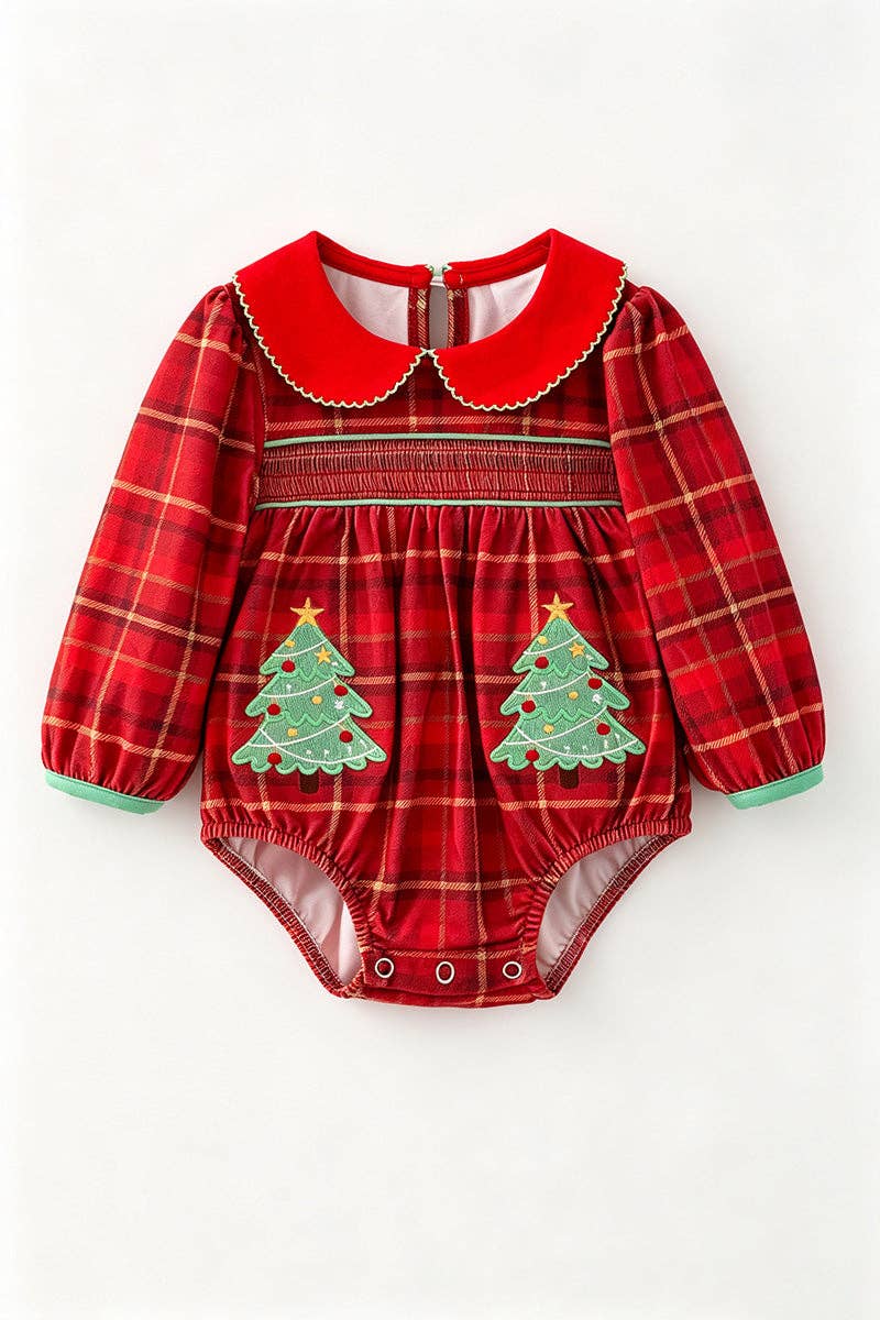 Plaid smocked baby jumpsuit with Christmas tree