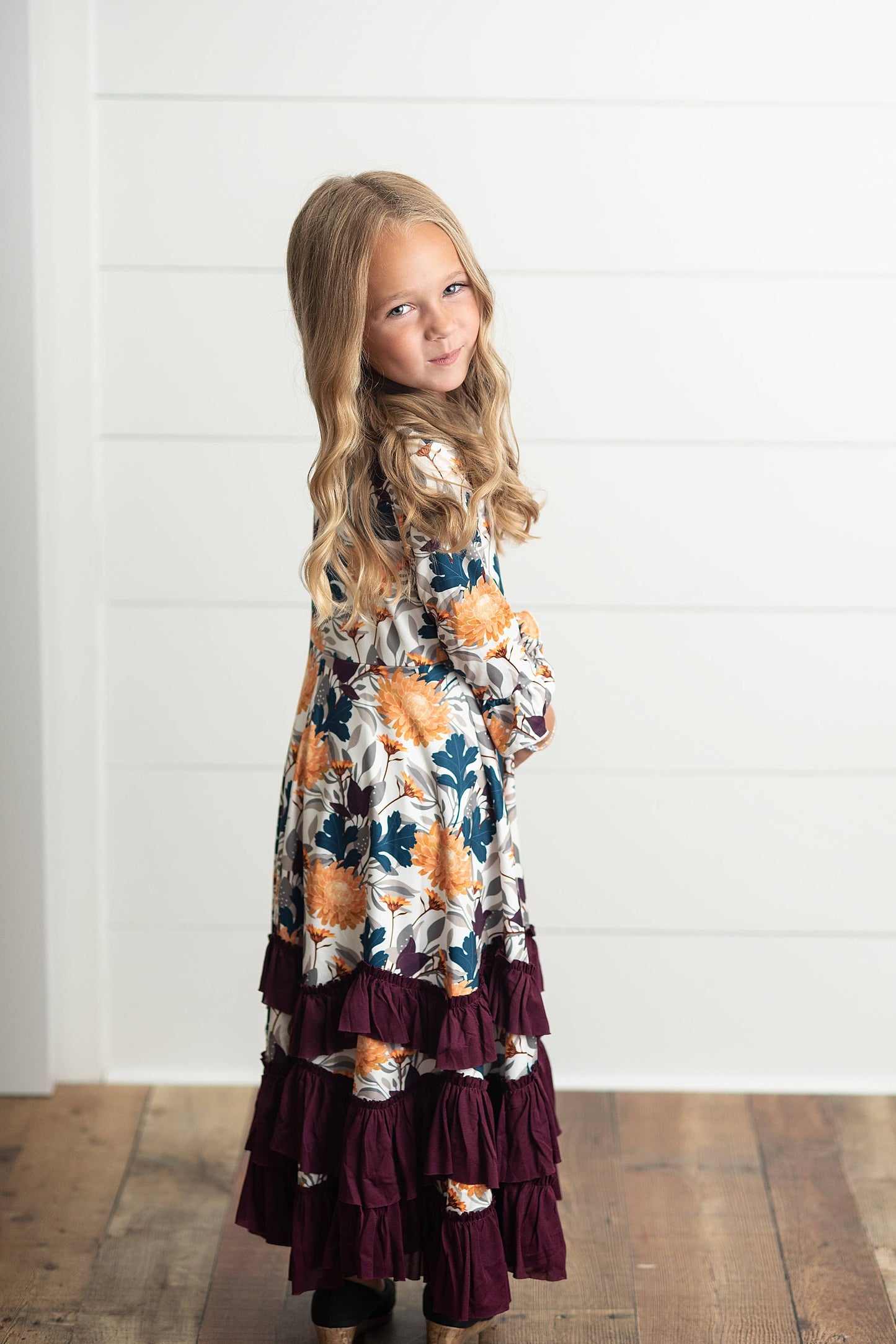Kids Mustard & Plum Long Sleeve Ruffles Dress