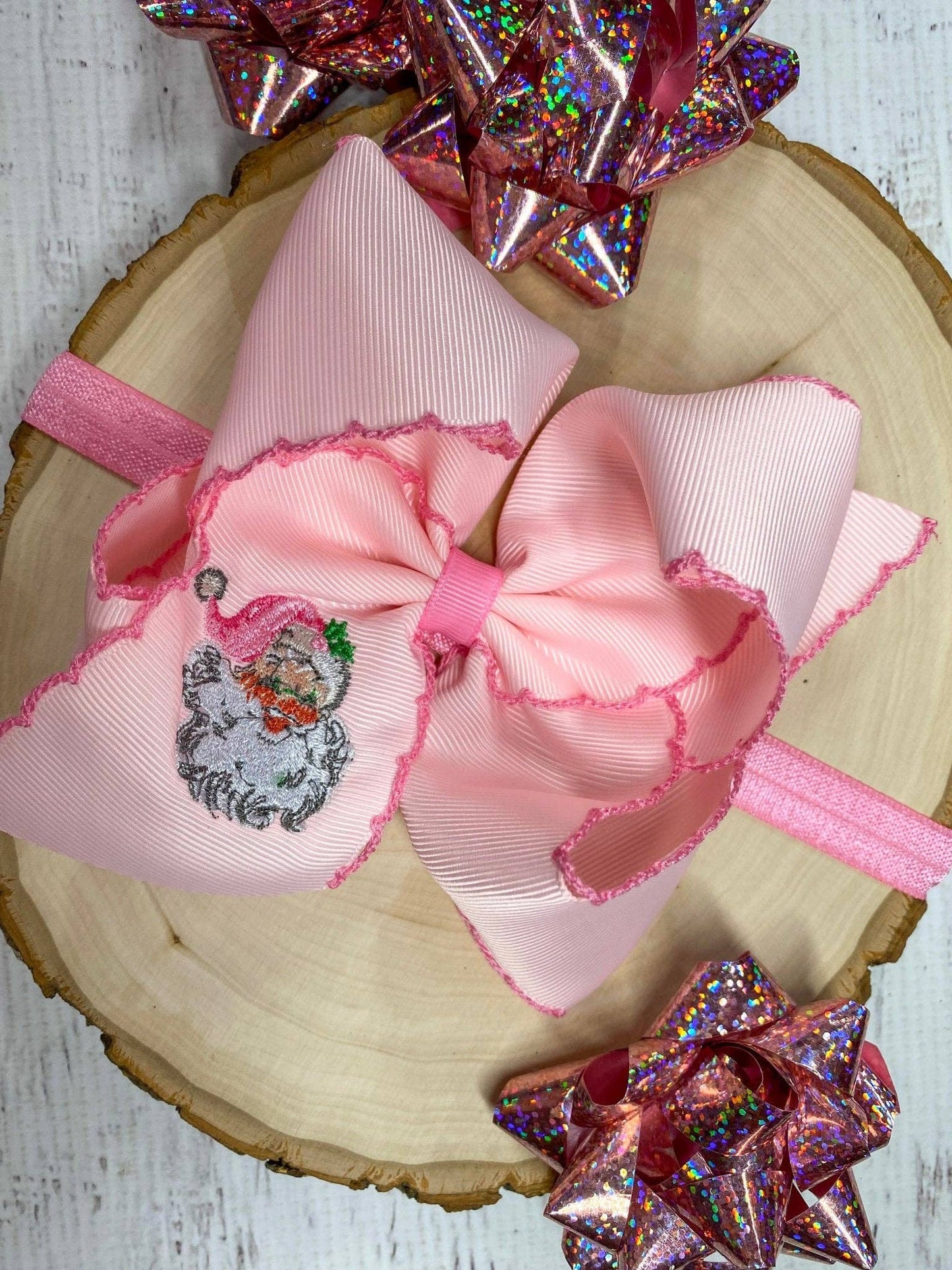 The Hair Bow Company - Pink Santa Embroidered Hair Bow | Clip or Headband