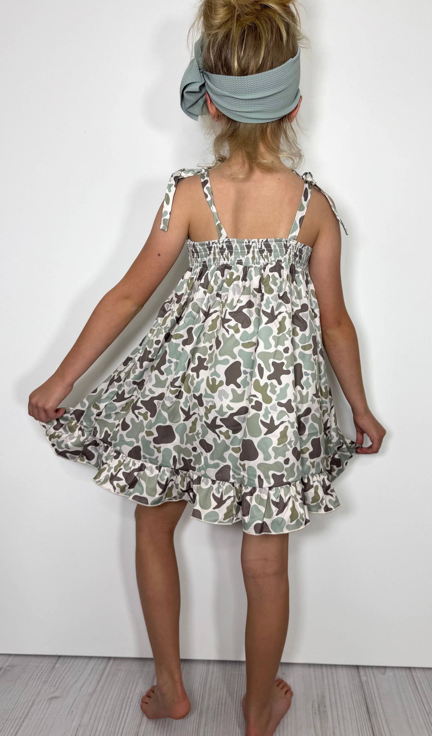 Clover Cottage - Muted Camo Smocked Girls Dress
