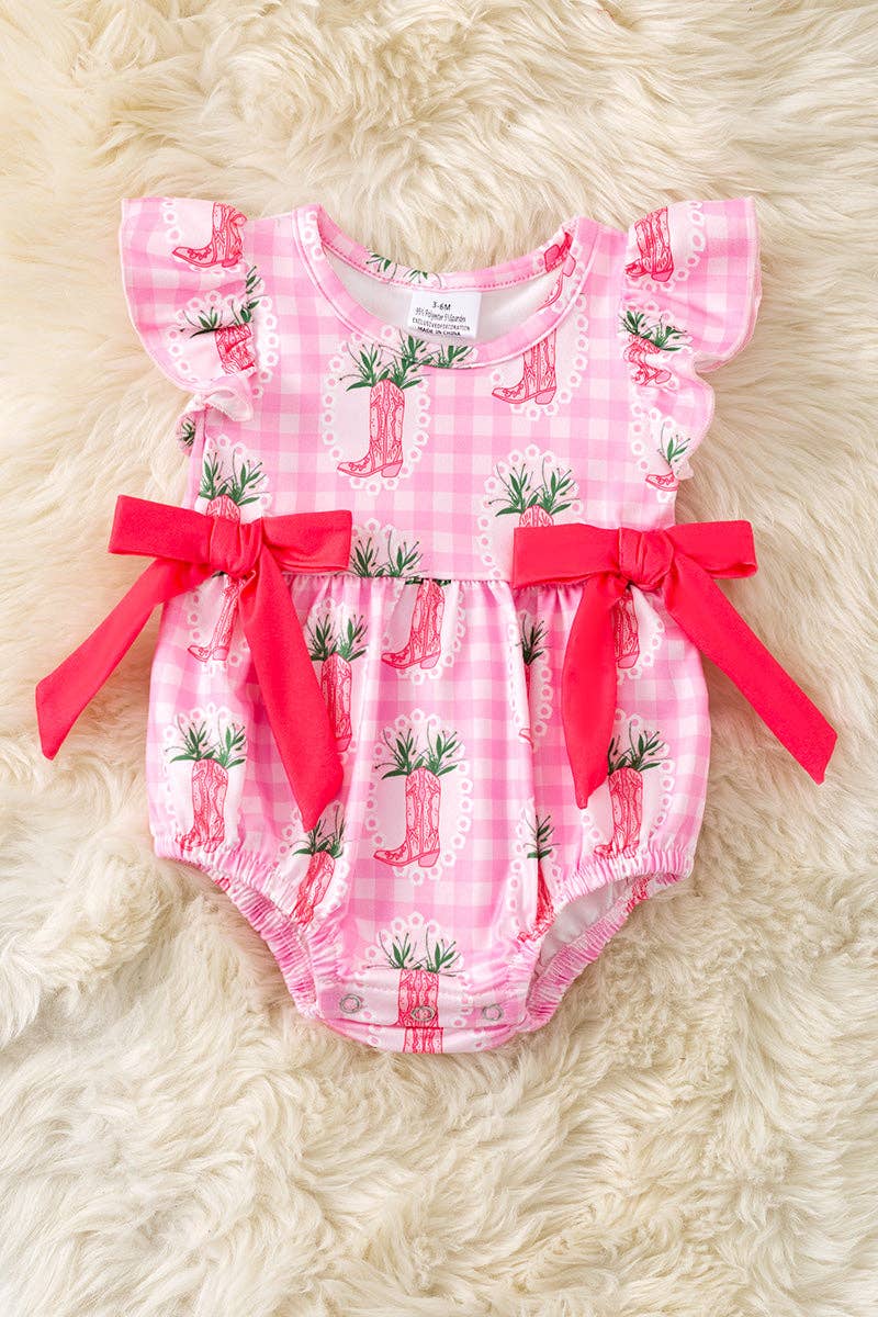 Kids Charm Online - Pink Gingham w/ boot printed baby romper w/snaps. RPG60874 JEAN