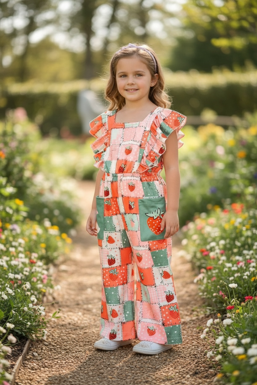 Strawberry multi-printed patch romper with pockets