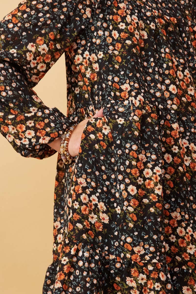 Hayden LA - Girls Floral Print Ruffle Shoulder Long Sleeve Dress