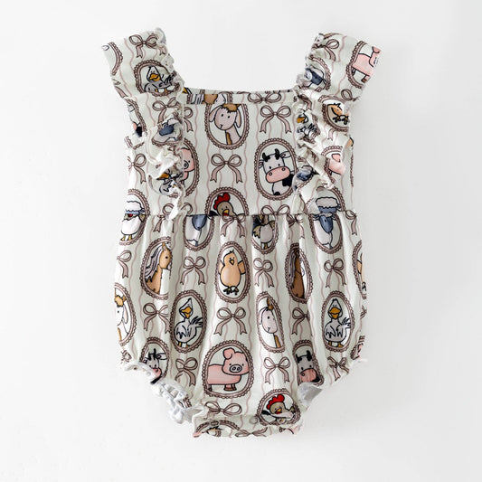 Farm Friends Cameo Bubble Romper | Baby Farm Animal Ruffle Romper