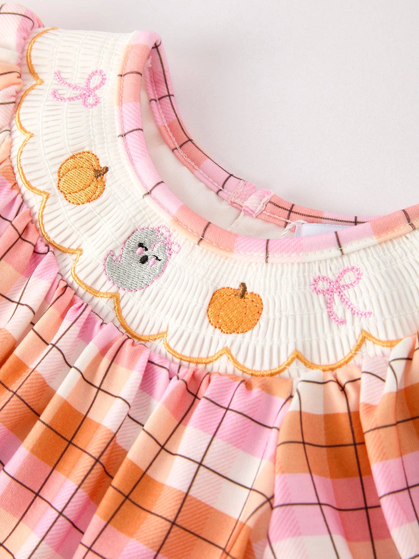 Rylee Faith Designs - Halloween Pumpkin Bow Ghost Smock Embroidered Plaid Girls Romper