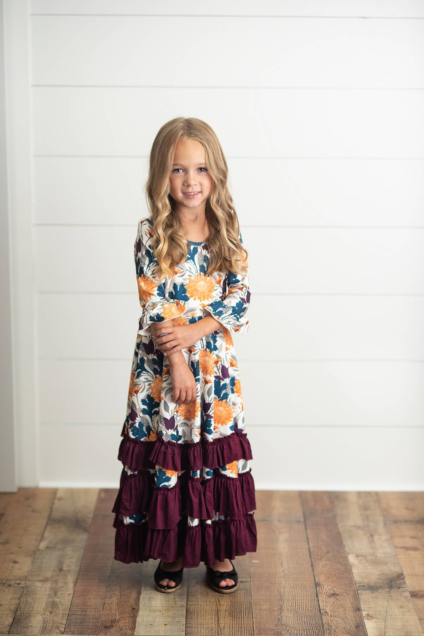 Kids Mustard & Plum Long Sleeve Ruffles Dress