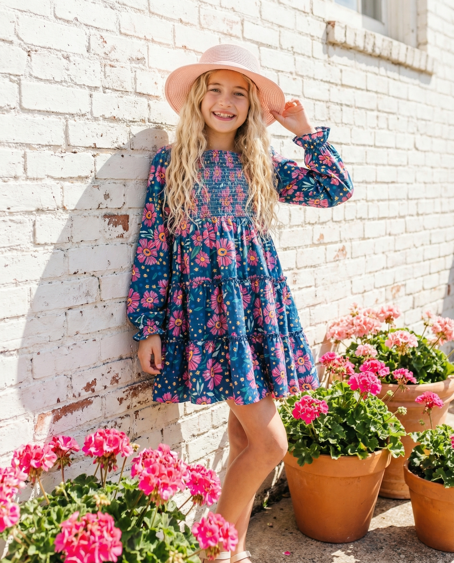 Oopsie Daisy - Girls Grace Blue & Pink Flower 3 Tiered Smocked Dress