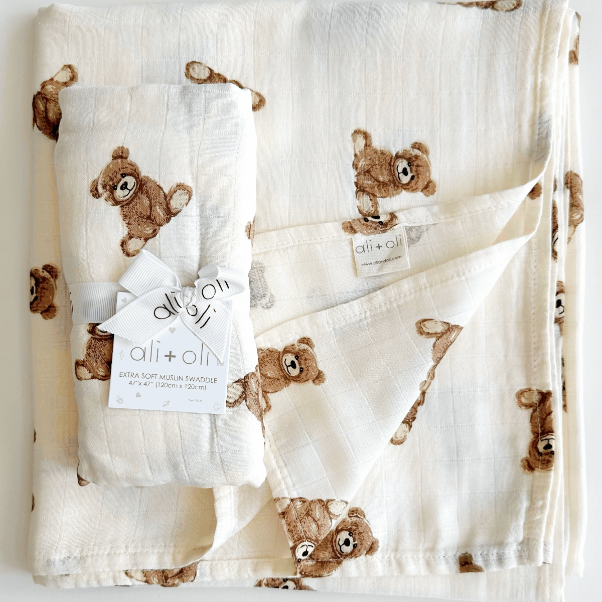 Ali+Oli - Bamboo Muslin Swaddle Baby Blanket (Teddy Bear)