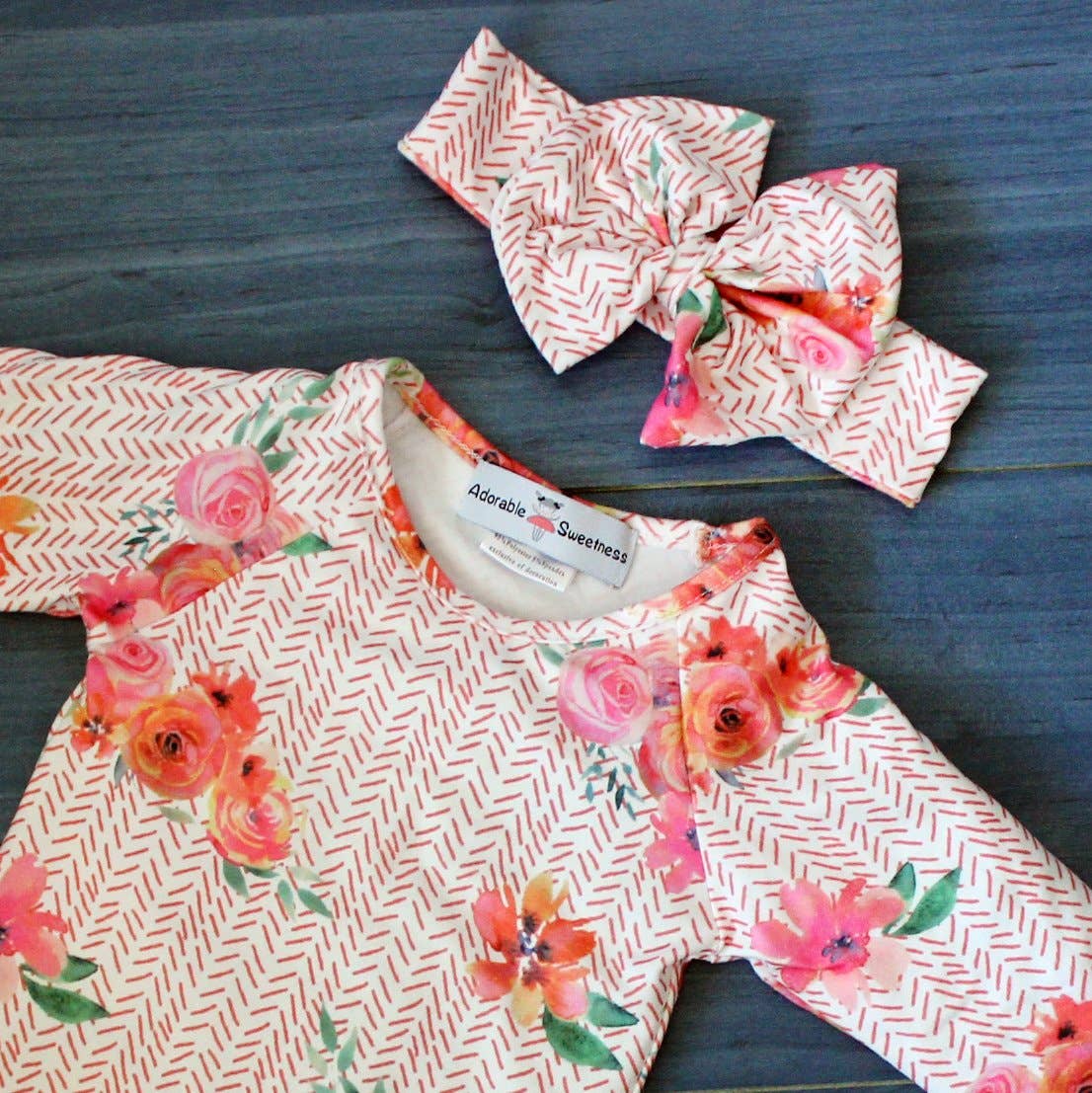 Adorable Sweetness - Infant Girls Peach Rose Baby Gown and Bow Headband