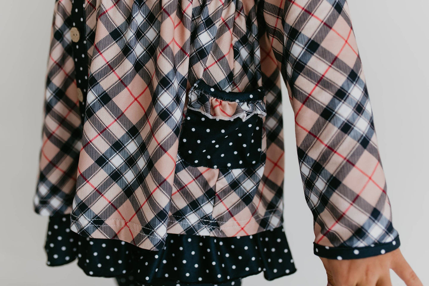 Adorable Sweetness - Girls Tan Plaid & Polka Dot Ruffle Pocket Button Legging Set