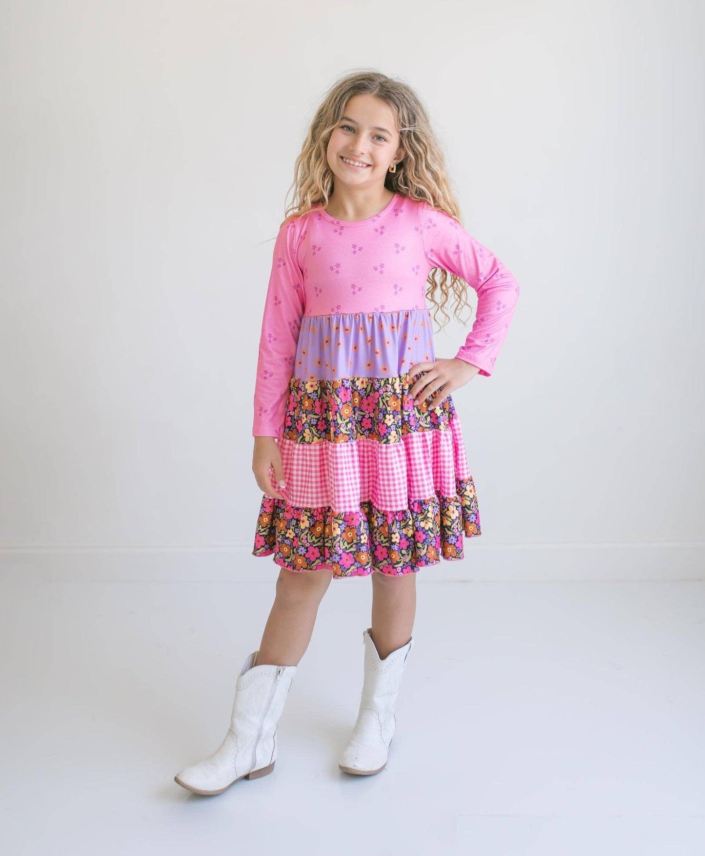Oopsie Daisy - Kids Avery Bright Pink Floral Long Sleeve Tiered Twirl Dress