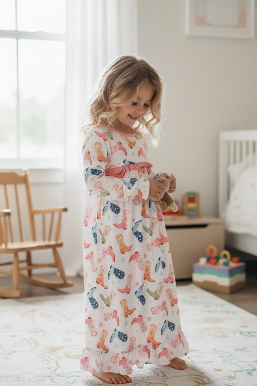 Multi-printed western boot pajama dress with ruffle hem