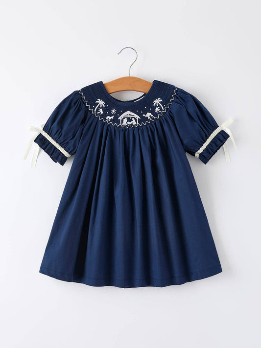 Rylee Faith Designs - Christmas Navy Blue Nativity Smocking Embroidered Dress
