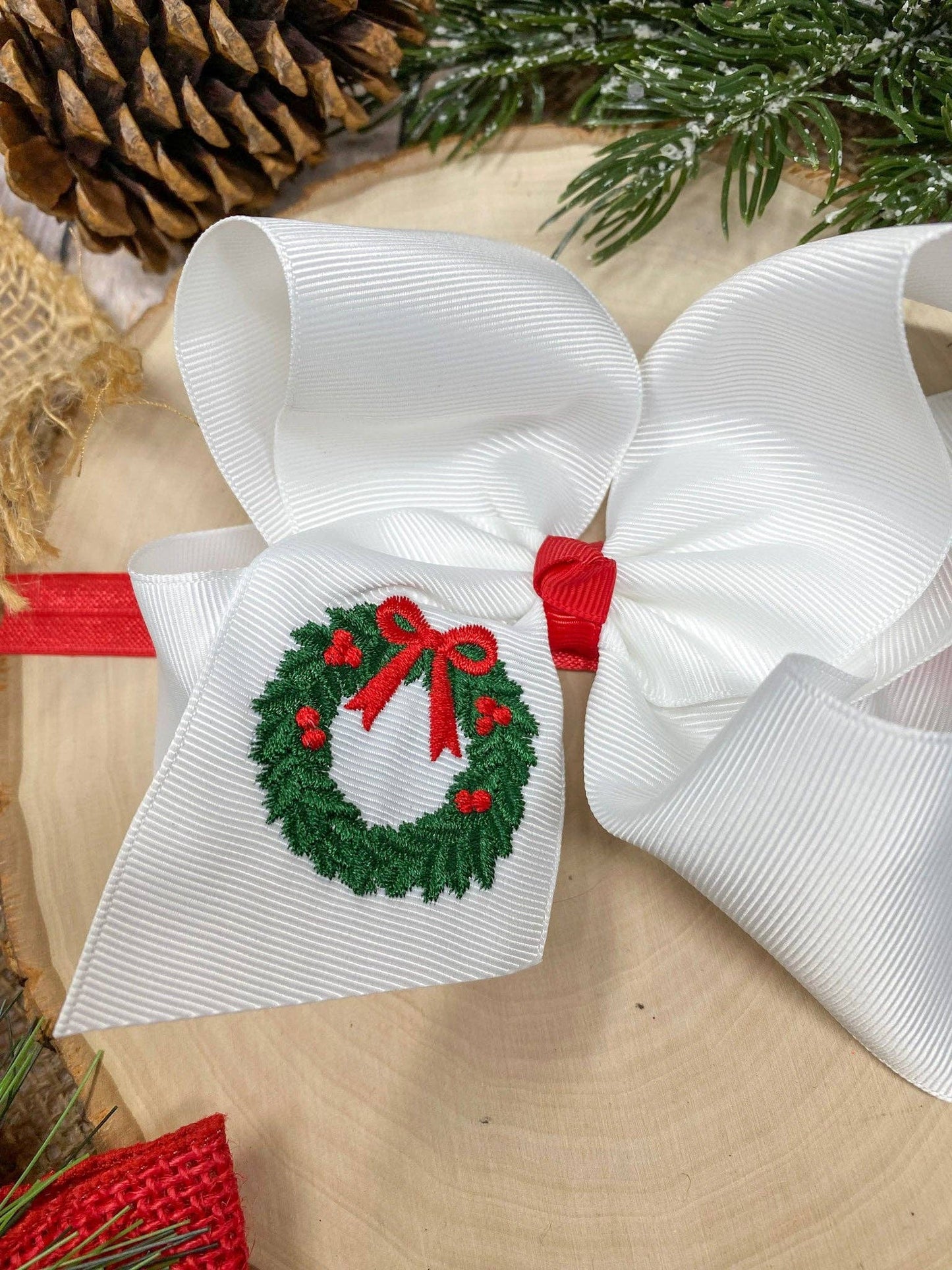 Wreath Embroidered Hair Bow | Christmas Hair Bow | Clip or Headband
