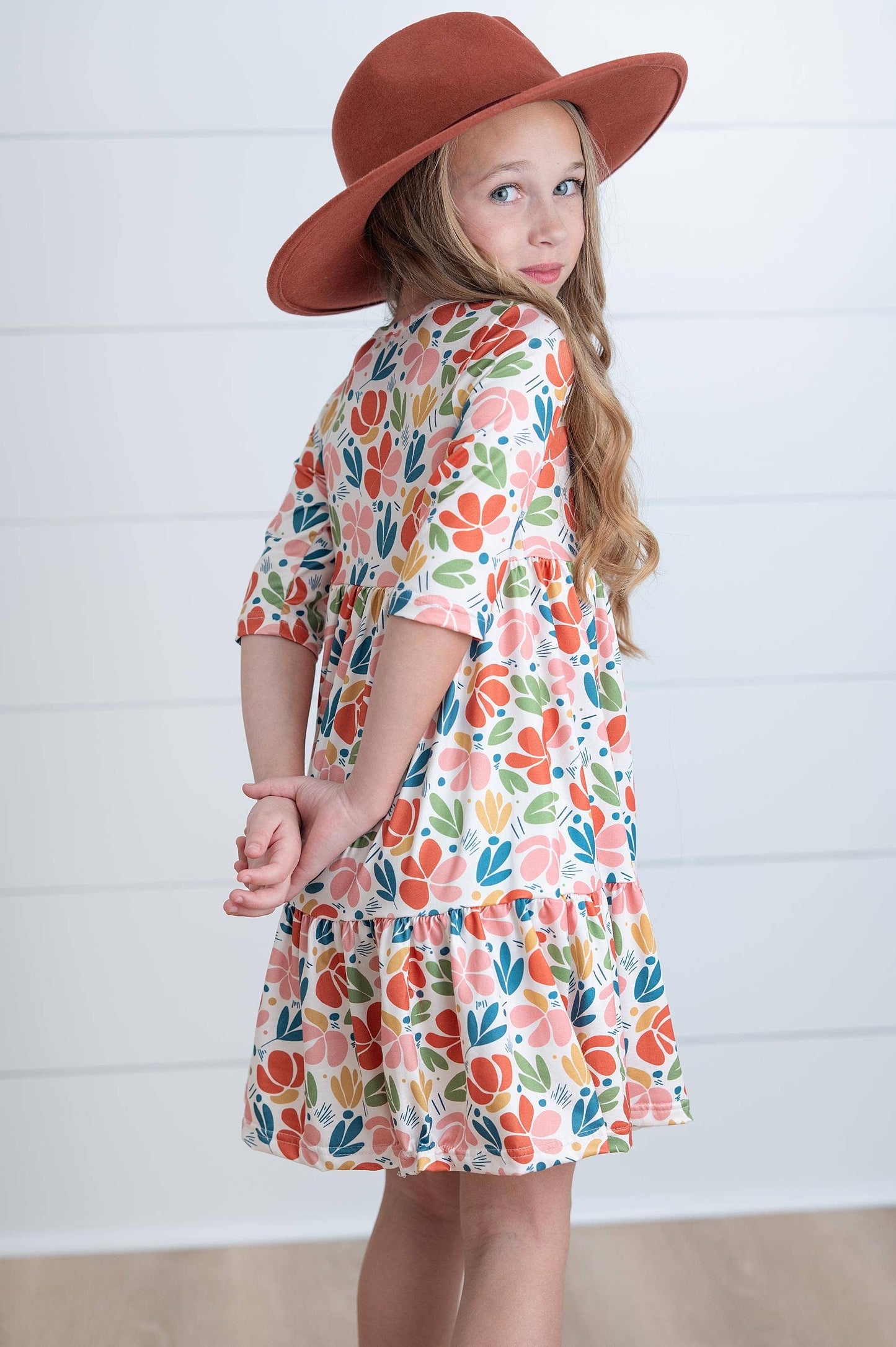Oopsie Daisy - Girls Emma Retro Rust Mod Fall Floral Tiered Twirl Dress