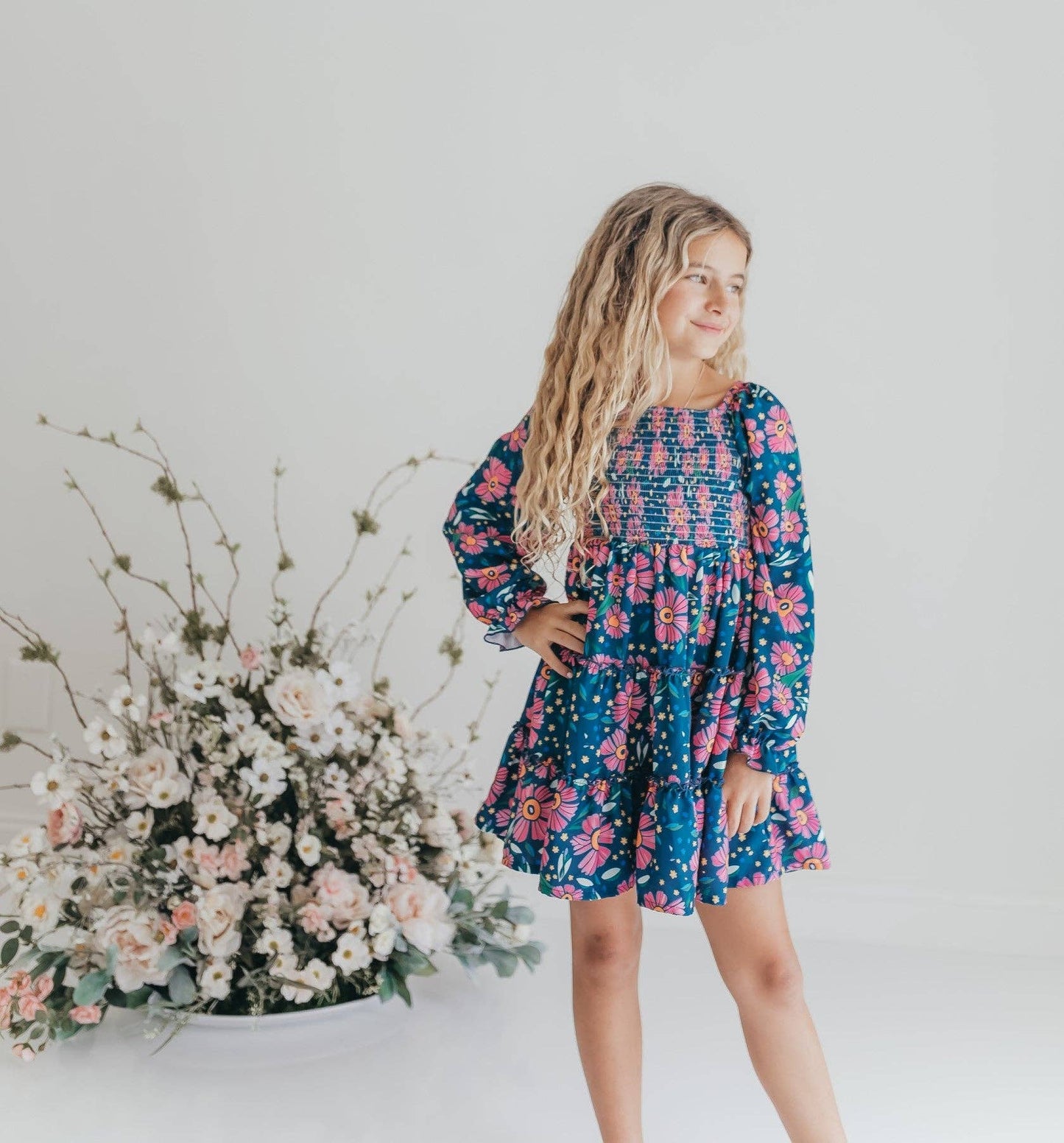 Oopsie Daisy - Girls Grace Blue & Pink Flower 3 Tiered Smocked Dress