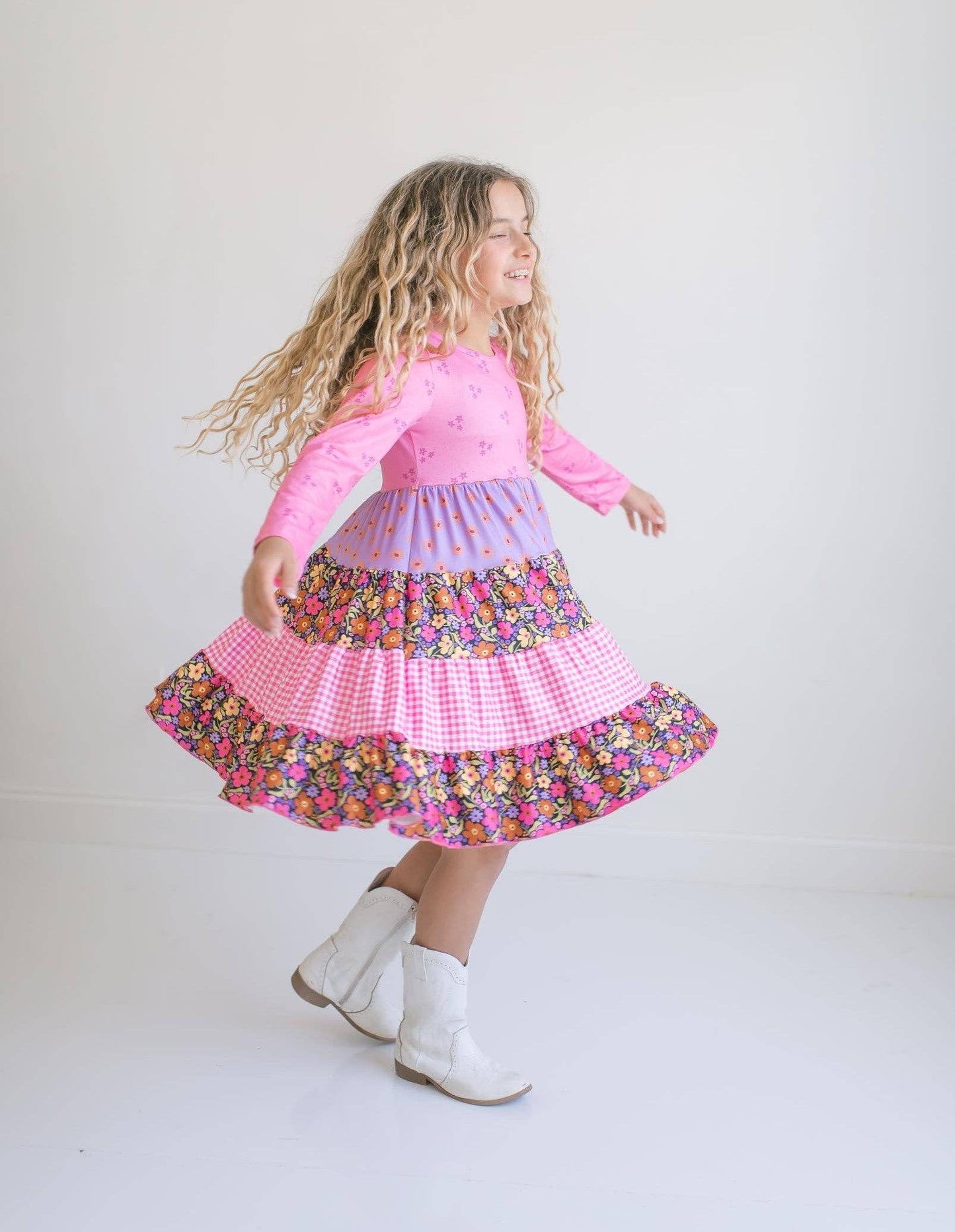 Oopsie Daisy - Kids Avery Bright Pink Floral Long Sleeve Tiered Twirl Dress