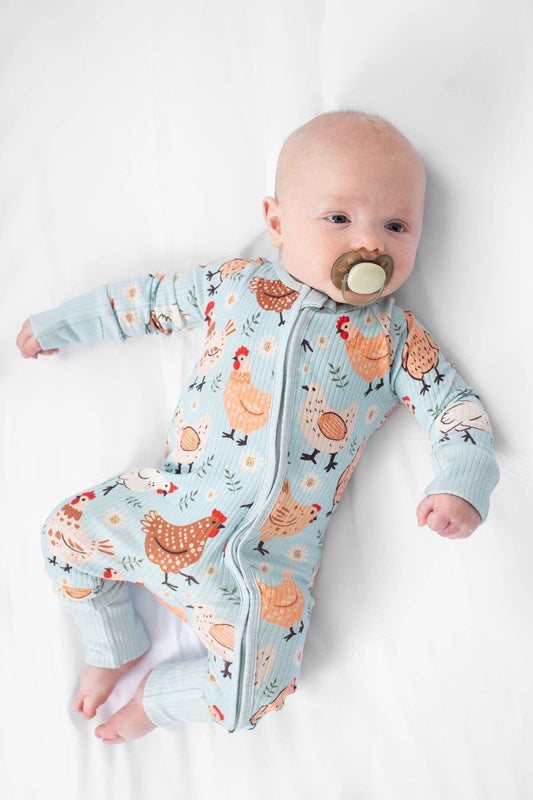 Blue Chickens & Blooms Baby Ribbed Cotton Zippy