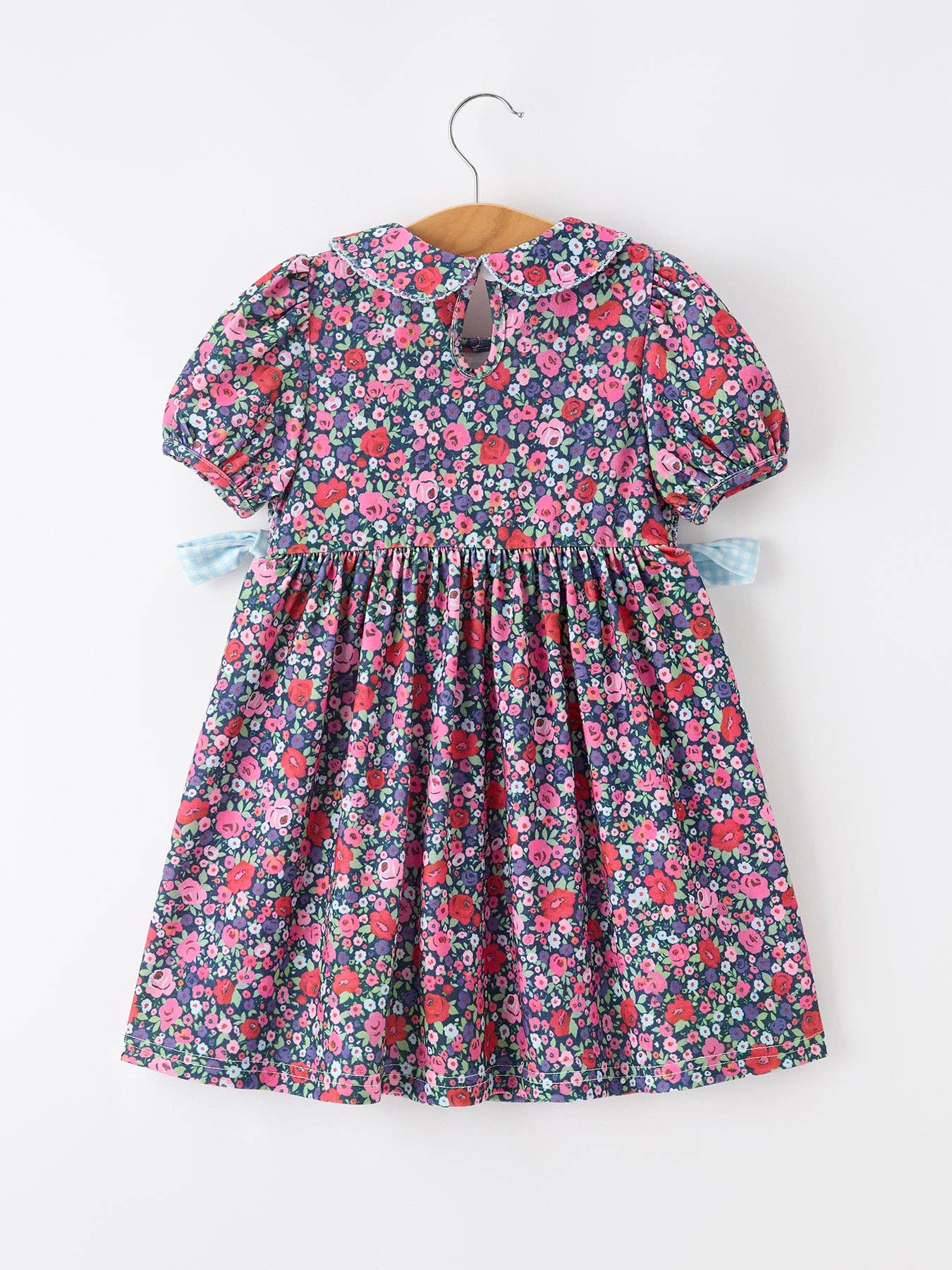 Rylee Faith Designs - Blue Bow Smocked Floral Girl Dress