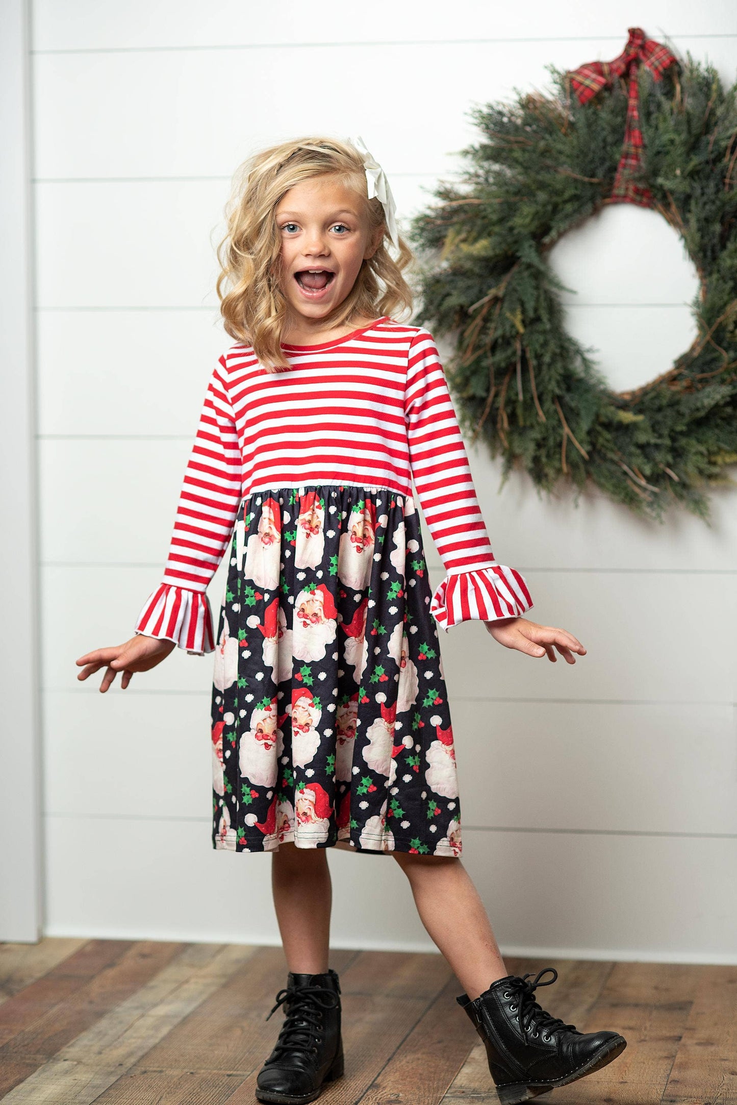 Adorable Sweetness - Kids Santa Candy Cane Stripe Holiday Ruffle Twirl Dress