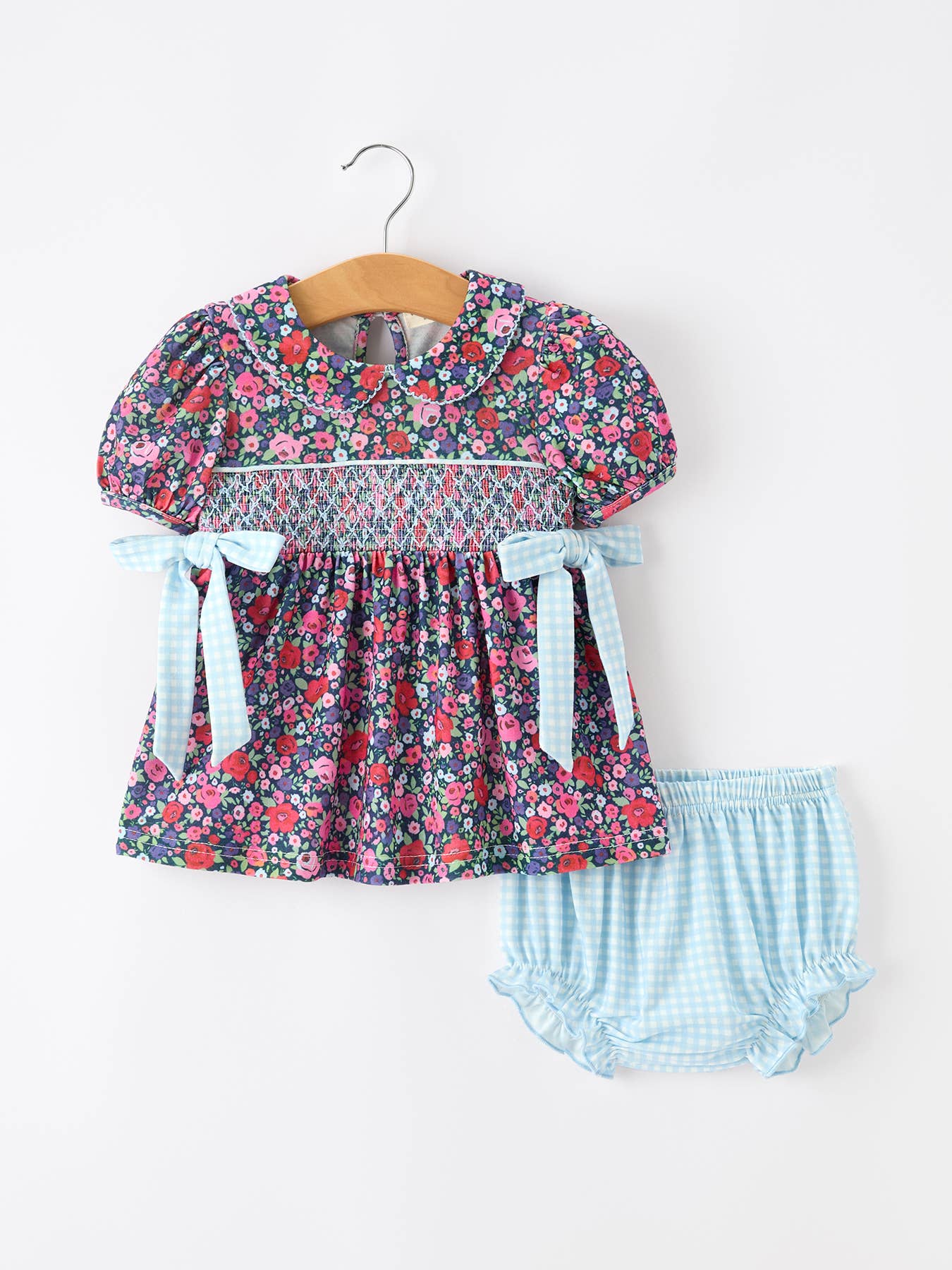 Rylee Faith Designs - Blue Bow Floral Smocked Girl Bloomer Set