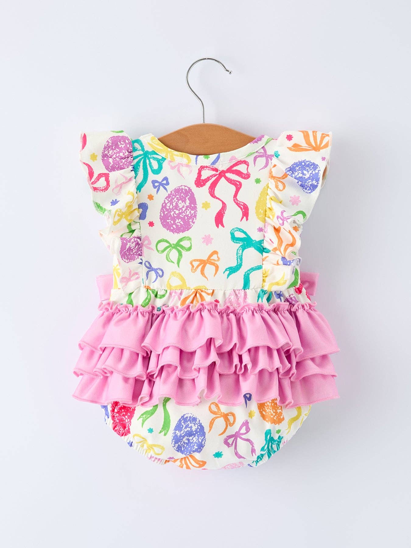 Rylee Faith Designs - Rainbow Easter Egg Print Bow Baby Girls Romper