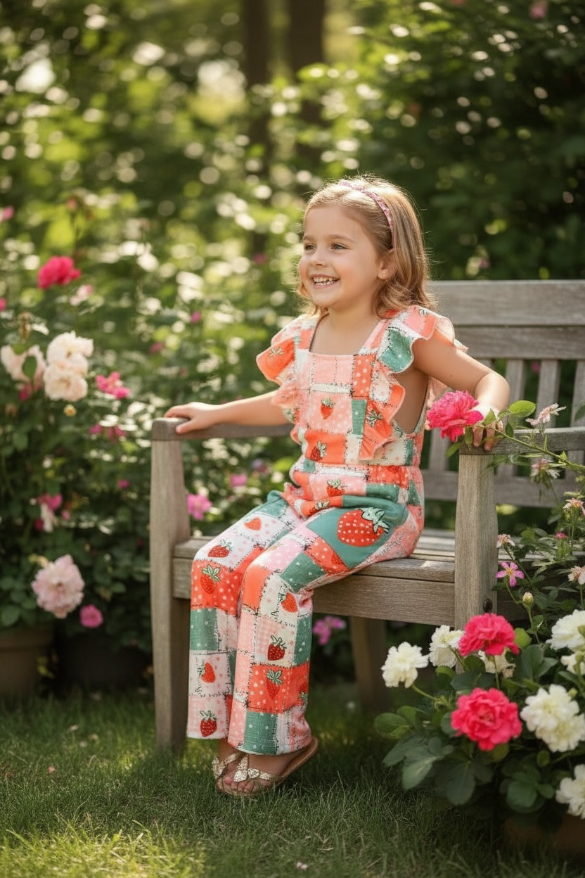 Strawberry multi-printed patch romper with pockets