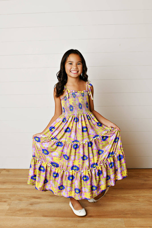 Kids Leilani Lavender Floral Tiered Spring Summer Maxi Dress
