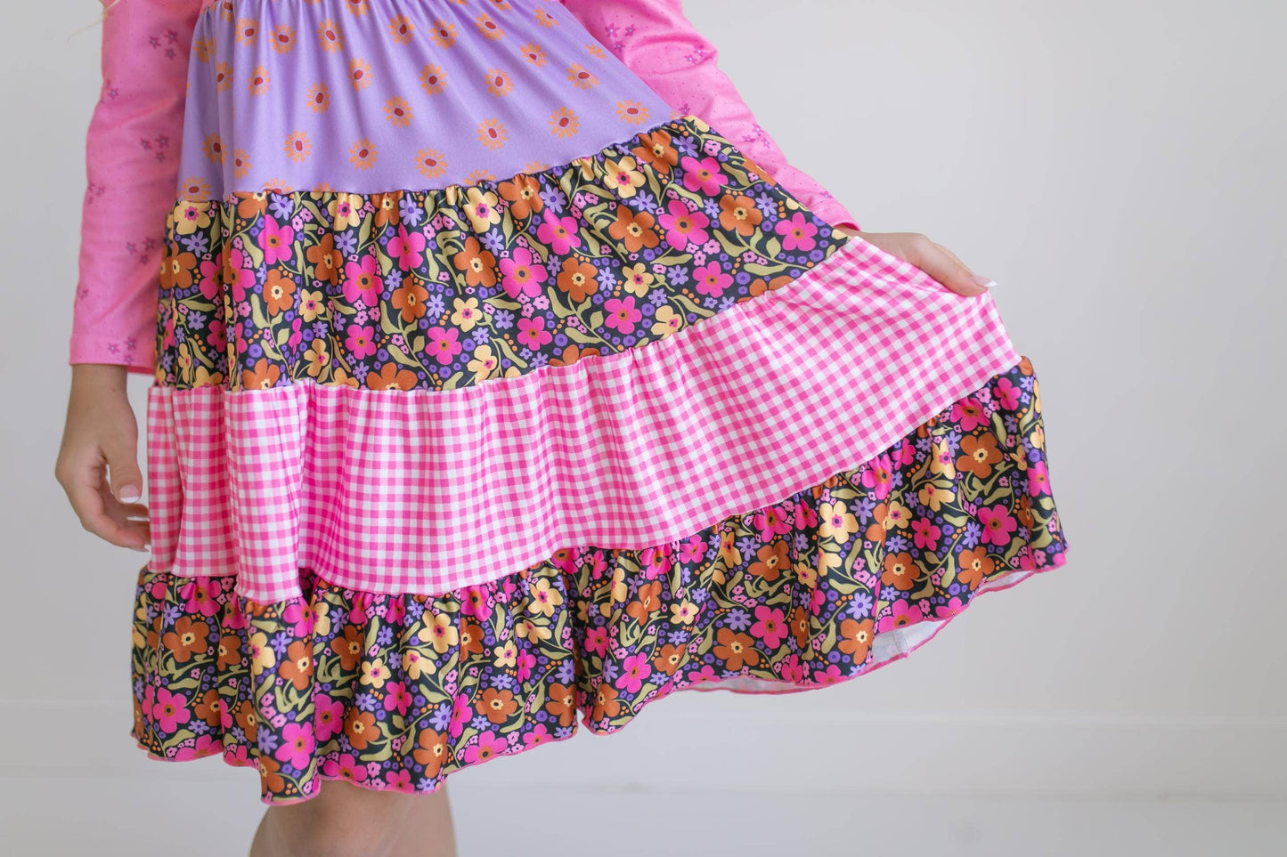 Oopsie Daisy - Kids Avery Bright Pink Floral Long Sleeve Tiered Twirl Dress