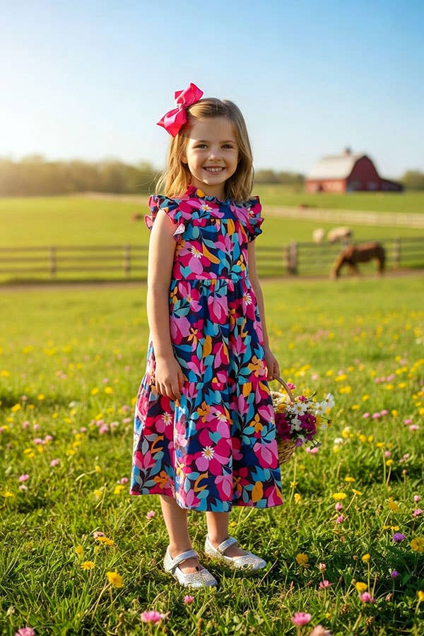 Floral printed sleeveless long style girls dress