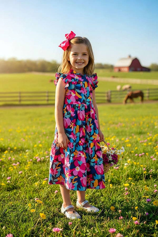 Floral printed sleeveless long style girls dress
