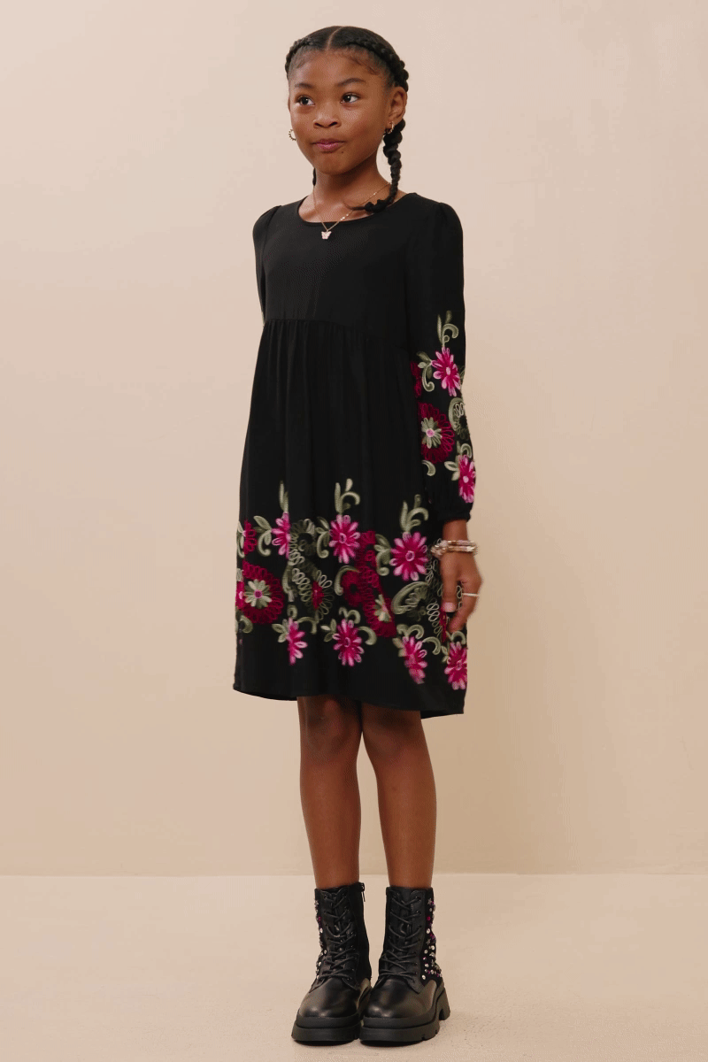 Hayden LA - Girls Embroidered Detail Long Sleeve Scoop Neck Dress