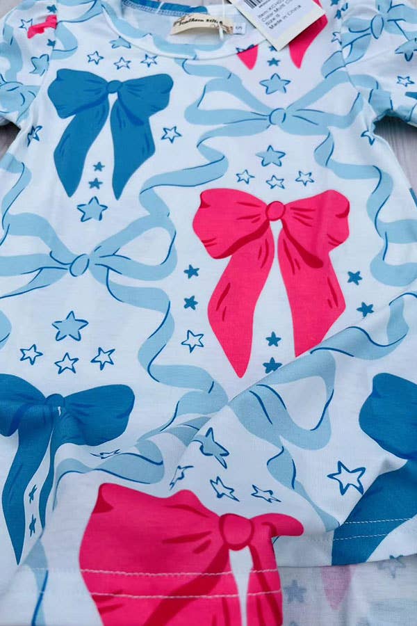 Blue & pink bows printed short sleeve girls dress