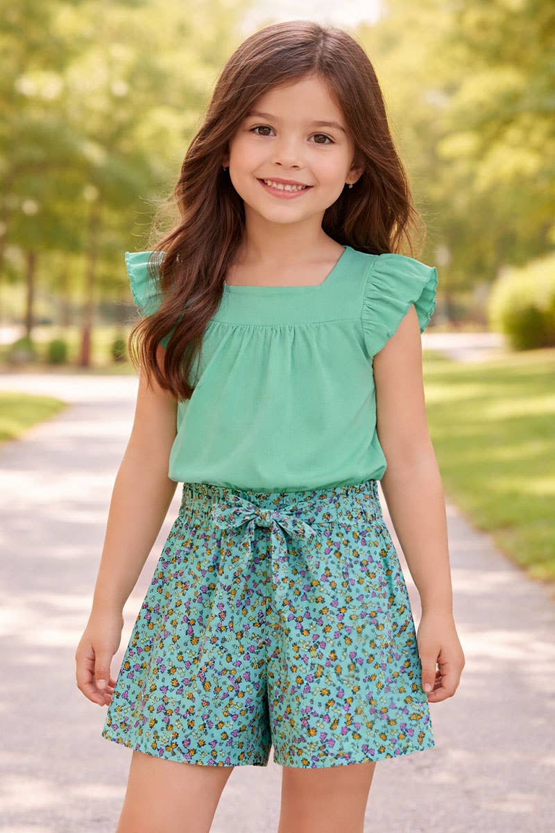 2 pc Floral Short Set w/ Ribbed Top (Emerald)