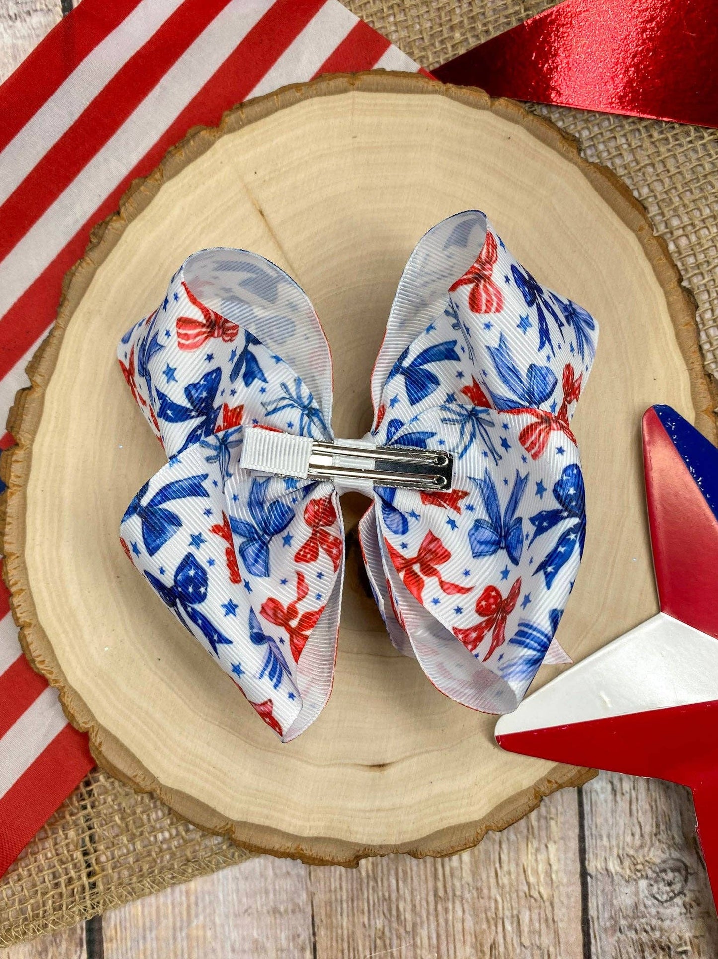Red White & Blue Bow Print Classic Hair Bow | Clip