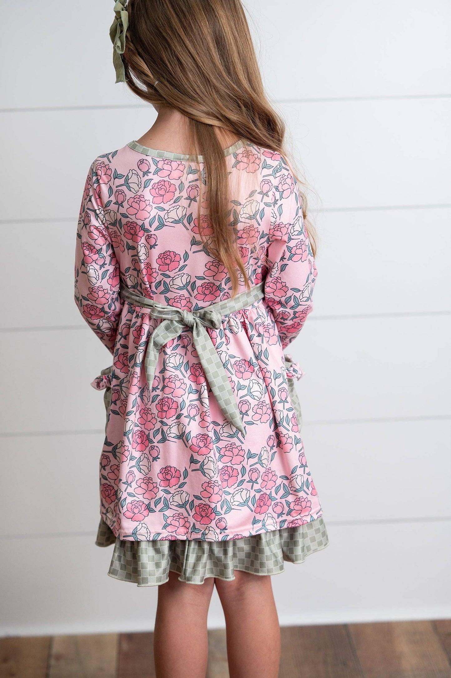 Girls Rose Floral & Sage Check Ruffle Pocket Tie Dress