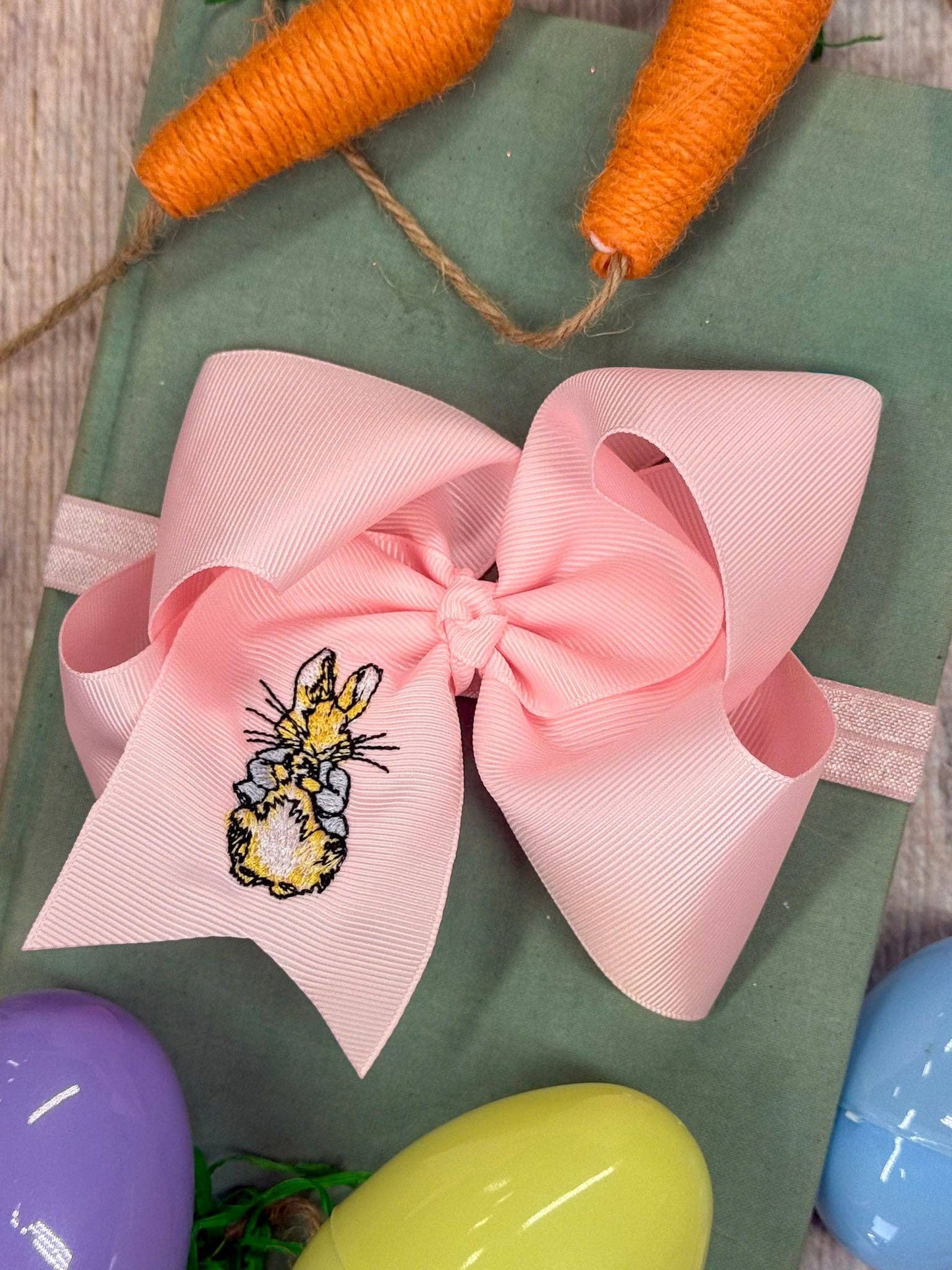 Peter Cottontail Embroidered Light Pink 4.5" Bow Headband
