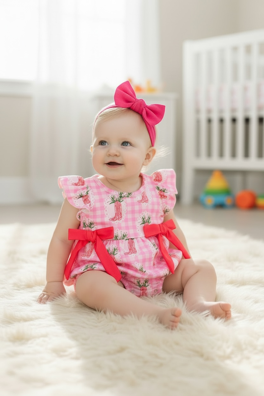 Kids Charm Online - Pink Gingham w/ boot printed baby romper w/snaps. RPG60874 JEAN