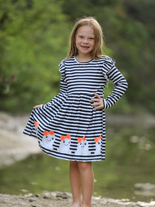 Rylee Faith Designs - Halloween Black and White Striped Print Girls Dress