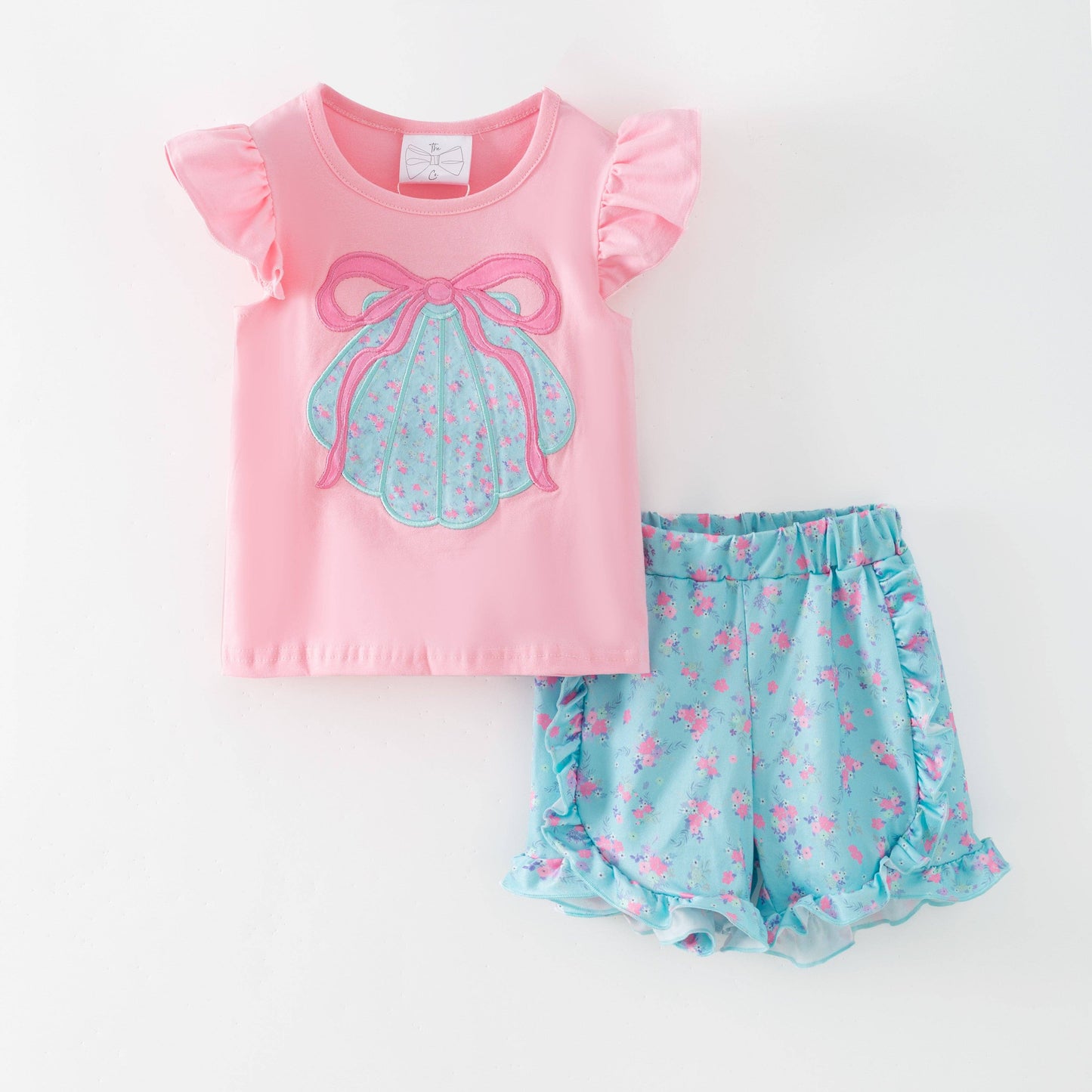 Pink Seashell Ruffled Girls Shorts Set