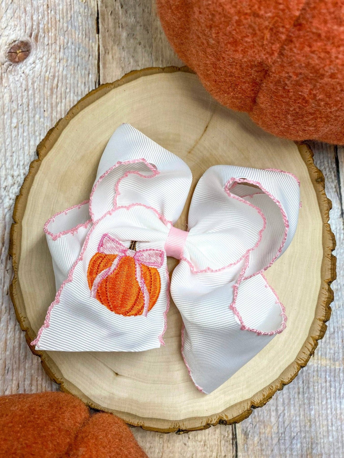 Coquette Pumpkin Embroidered Moonstitch Hair Bow | Clip or Headband
