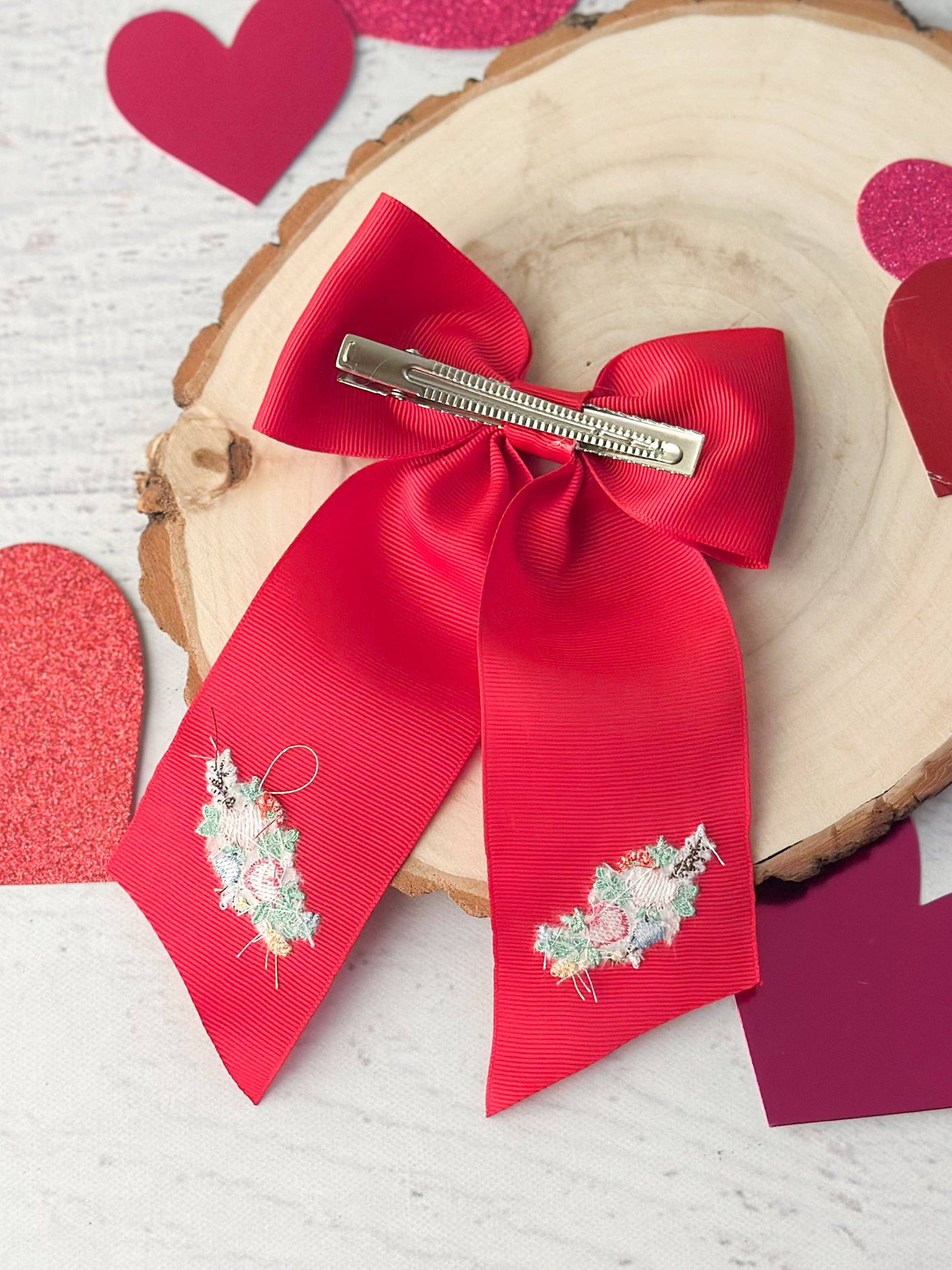 Valentine's Embroidered Long Tail Cheer Bow: Valentine's Day
