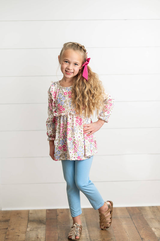 Girls Pink Floral Ruffle Top & Periwinkle Fall Pant Set