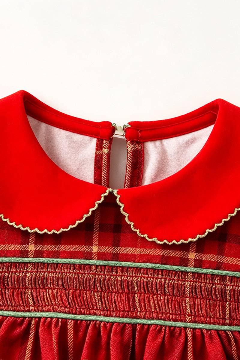 Plaid smocked baby jumpsuit with Christmas tree