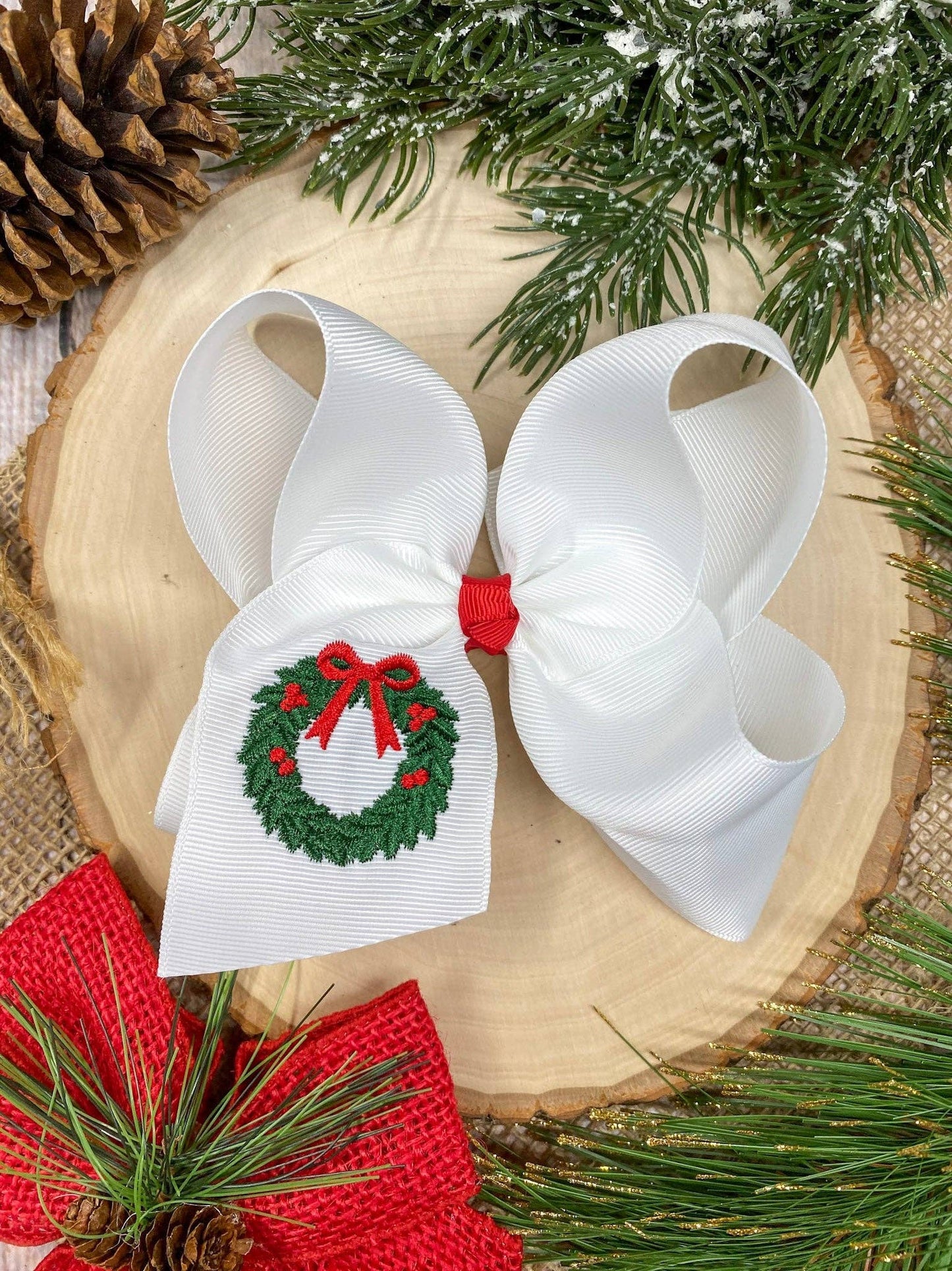 Wreath Embroidered Hair Bow | Christmas Hair Bow | Clip or Headband