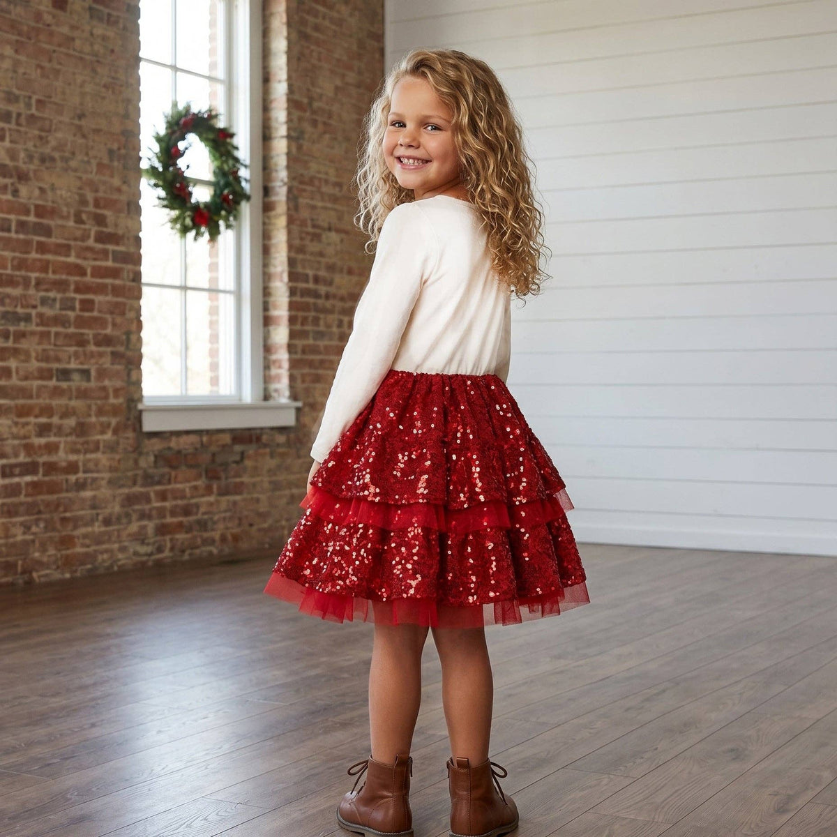 Girls Reindeer Prancer Red Holiday Christmas Tiered Dress