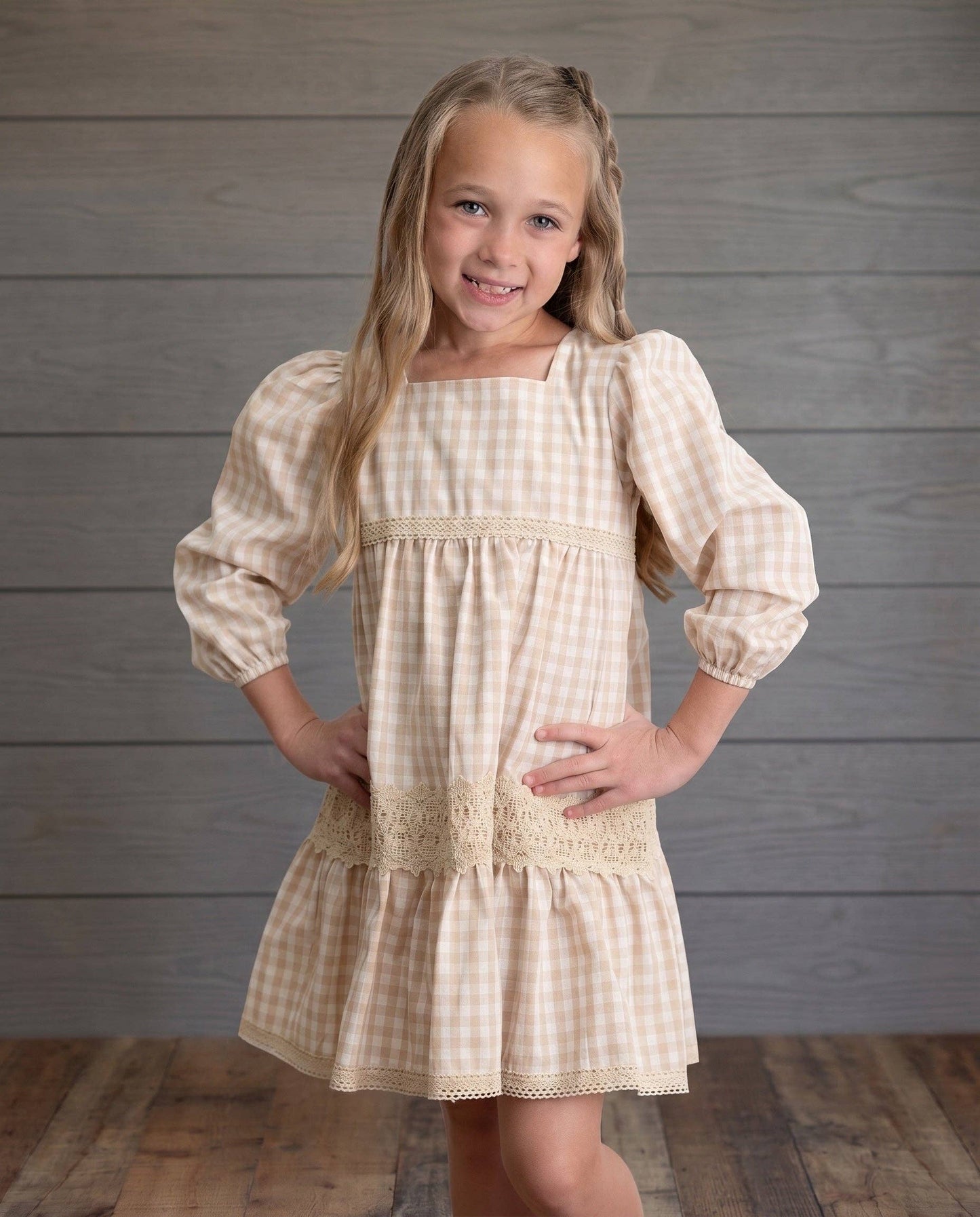 Oopsie Daisy - Girls Tan Gingham & Vintage Lace Puff Sleeve Tiered Dress